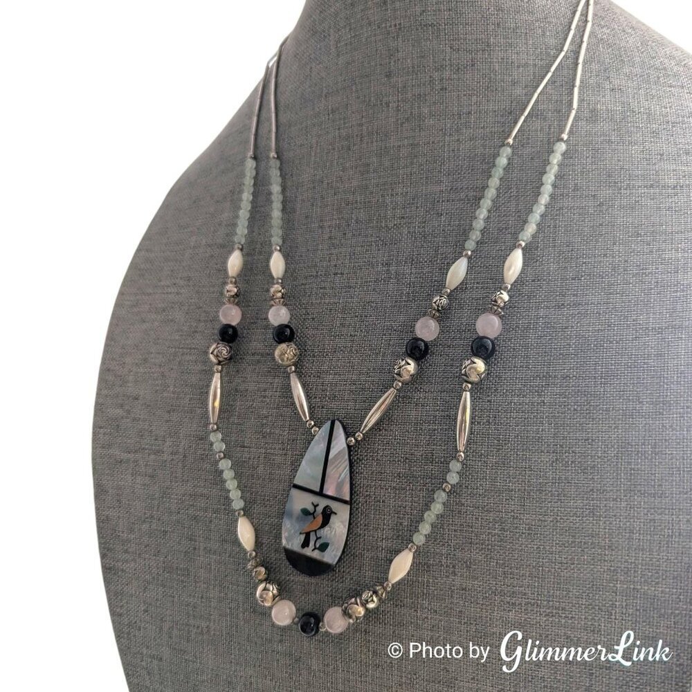 Vintage Bird Inlay Pendant Necklace Aventurine Rose Quartz Onyx Silver Tone - Picture 5 of 15